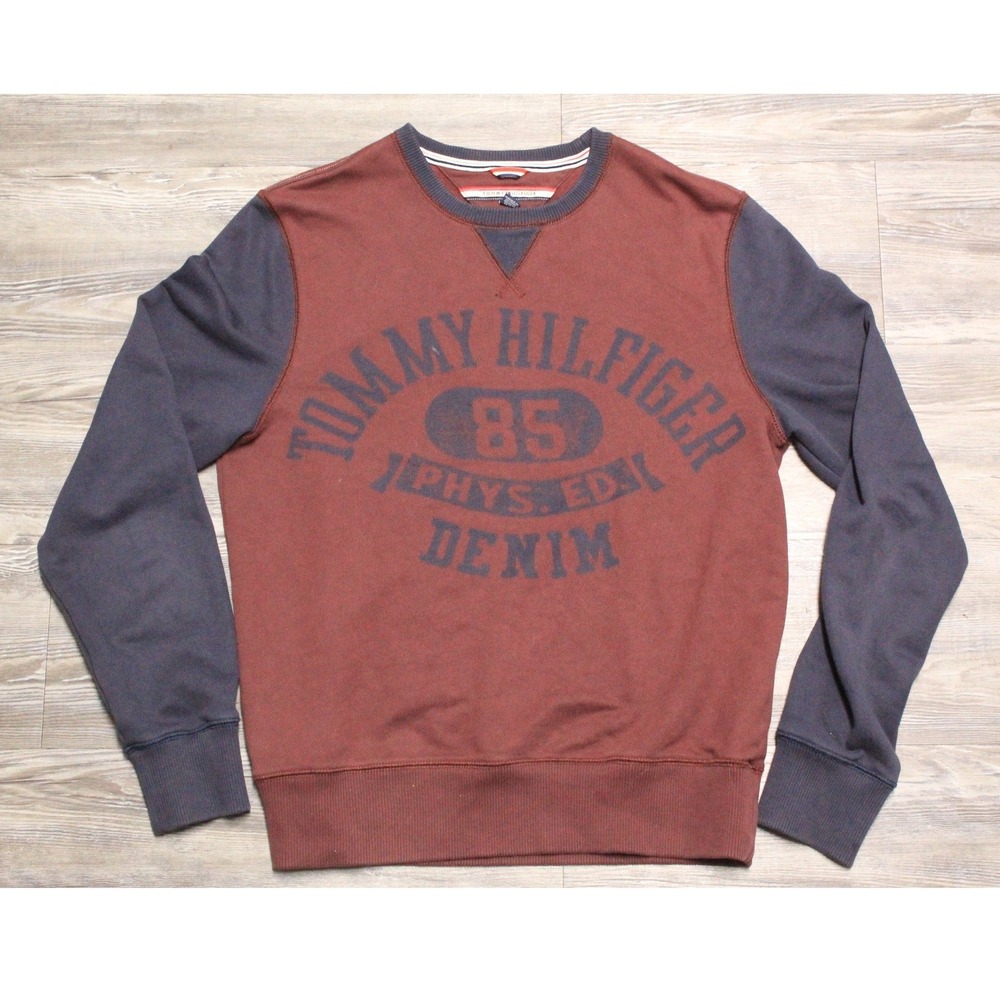 Tommy Hilfiger Denim Mens Medium Sweatshirt Burgundy Navy Colorblock